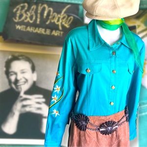 NWT BOB MACKIE wearable art teal/turquoise button up shirt w/ floral embroidery